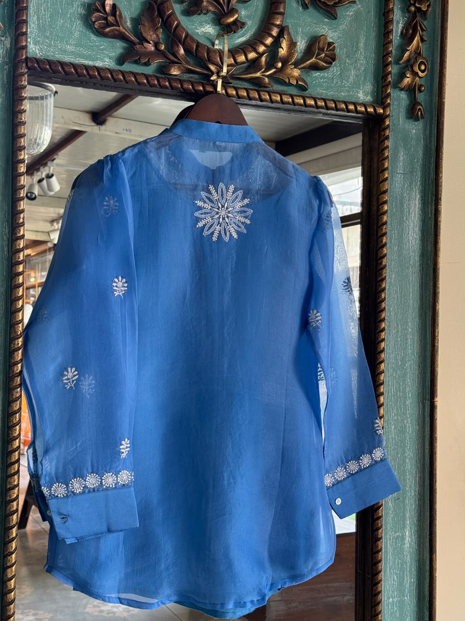 Muted Blue Noor Organza Chikankari Collar Ready To Wear Short Top