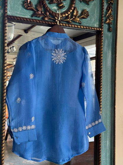 Muted Blue Noor Organza Chikankari Collar Ready To Wear Short Top