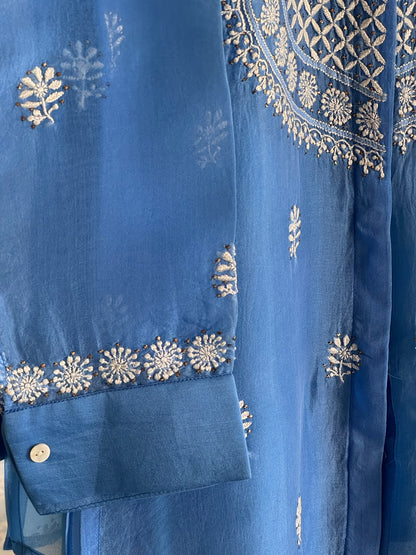 Muted Blue Noor Organza Chikankari Collar Ready To Wear Short Top
