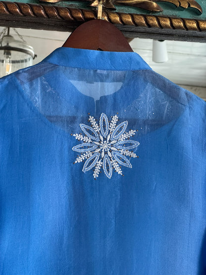 Muted Blue Noor Organza Chikankari Collar Ready To Wear Short Top