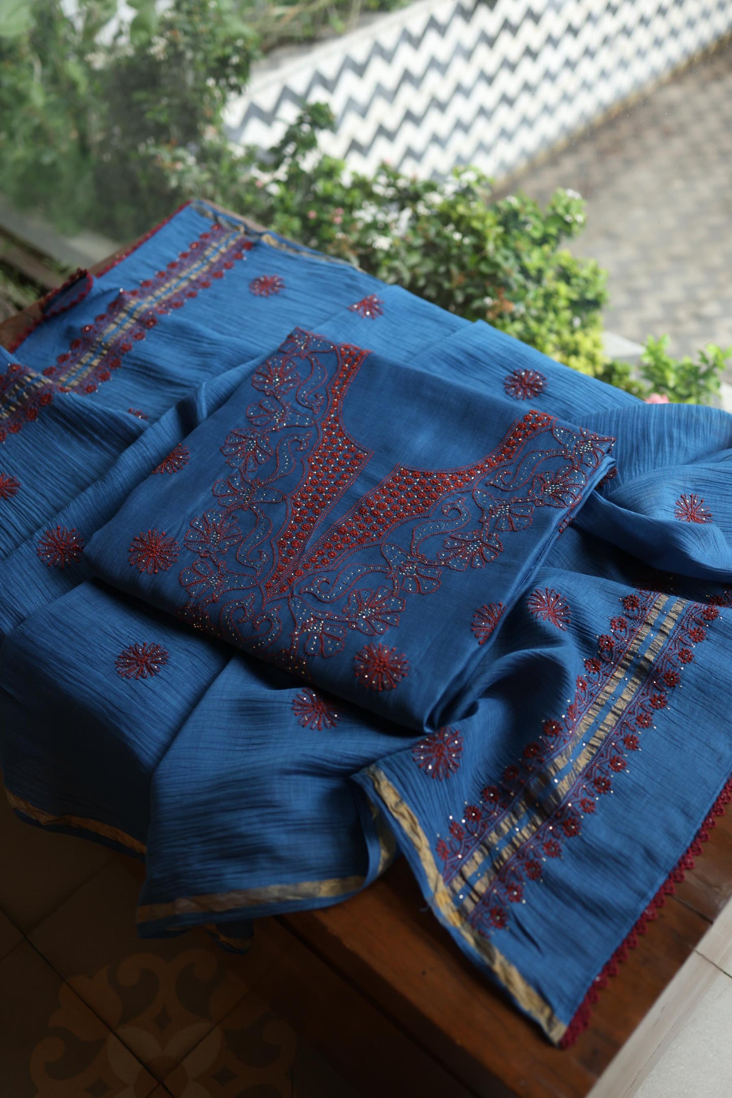 Muted Blue Shade Mal Cotton Fine Chikankari With Kamdani Work Unstitched Fabric