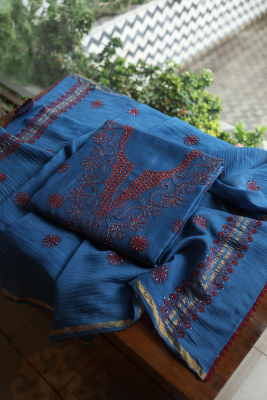 Muted Blue Shade Mal Cotton Fine Chikankari With Kamdani Work Unstitched Fabric