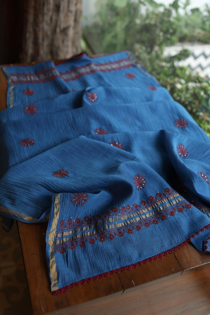 Muted Blue Shade Mal Cotton Fine Chikankari With Kamdani Work Unstitched Fabric