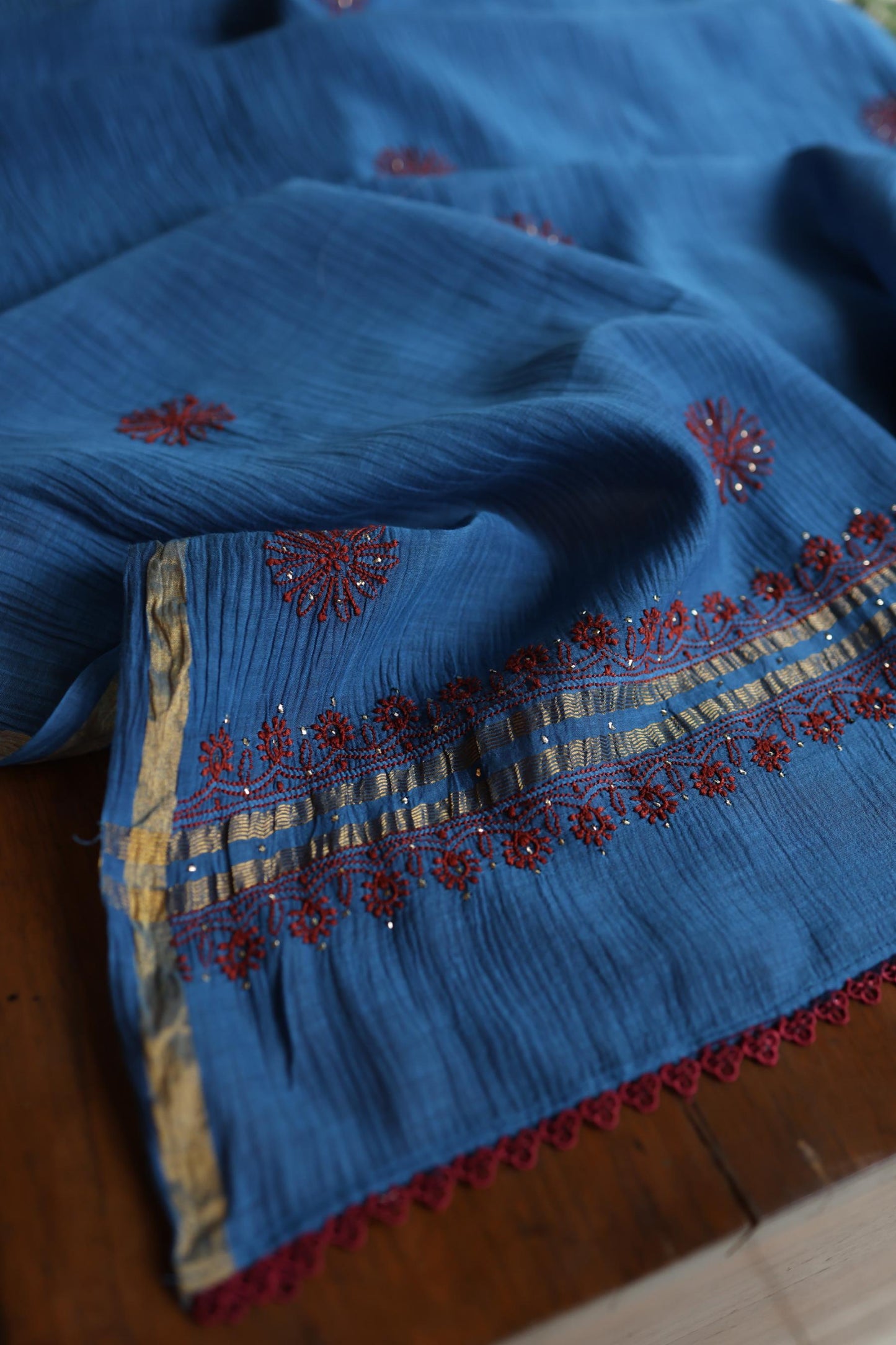 Muted Blue Shade Mal Cotton Fine Chikankari With Kamdani Work Unstitched Fabric