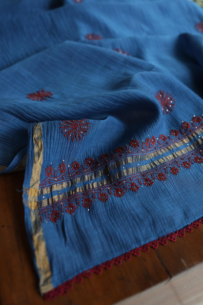 Muted Blue Shade Mal Cotton Fine Chikankari With Kamdani Work Unstitched Fabric