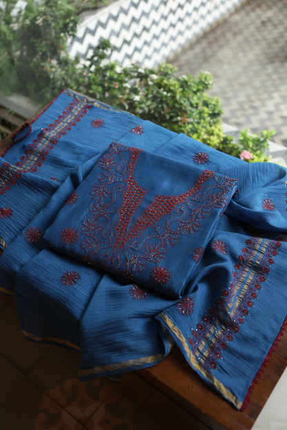 Muted Blue Shade Mal Cotton Fine Chikankari With Kamdani Work Unstitched Fabric