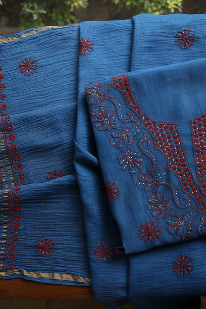 Muted Blue Shade Mal Cotton Fine Chikankari With Kamdani Work Unstitched Fabric