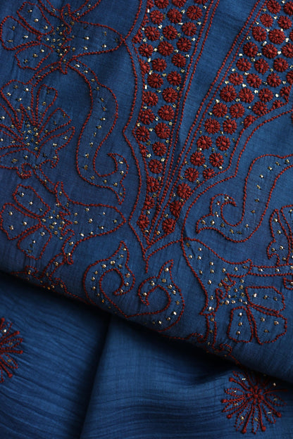 Muted Blue Shade Mal Cotton Fine Chikankari With Kamdani Work Unstitched Fabric
