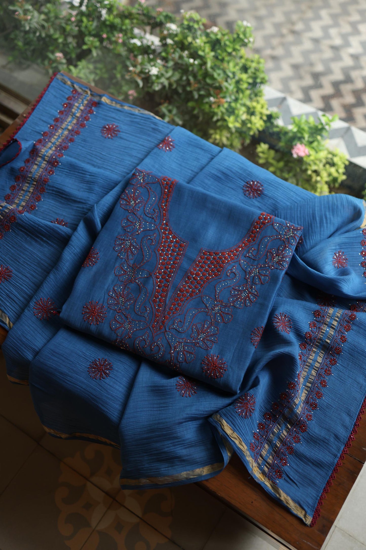 Muted Blue Shade Mal Cotton Fine Chikankari With Kamdani Work Unstitched Fabric