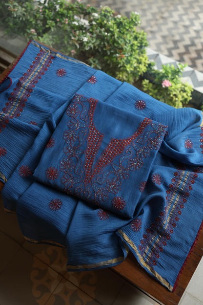 Muted Blue Shade Mal Cotton Fine Chikankari With Kamdani Work Unstitched Fabric