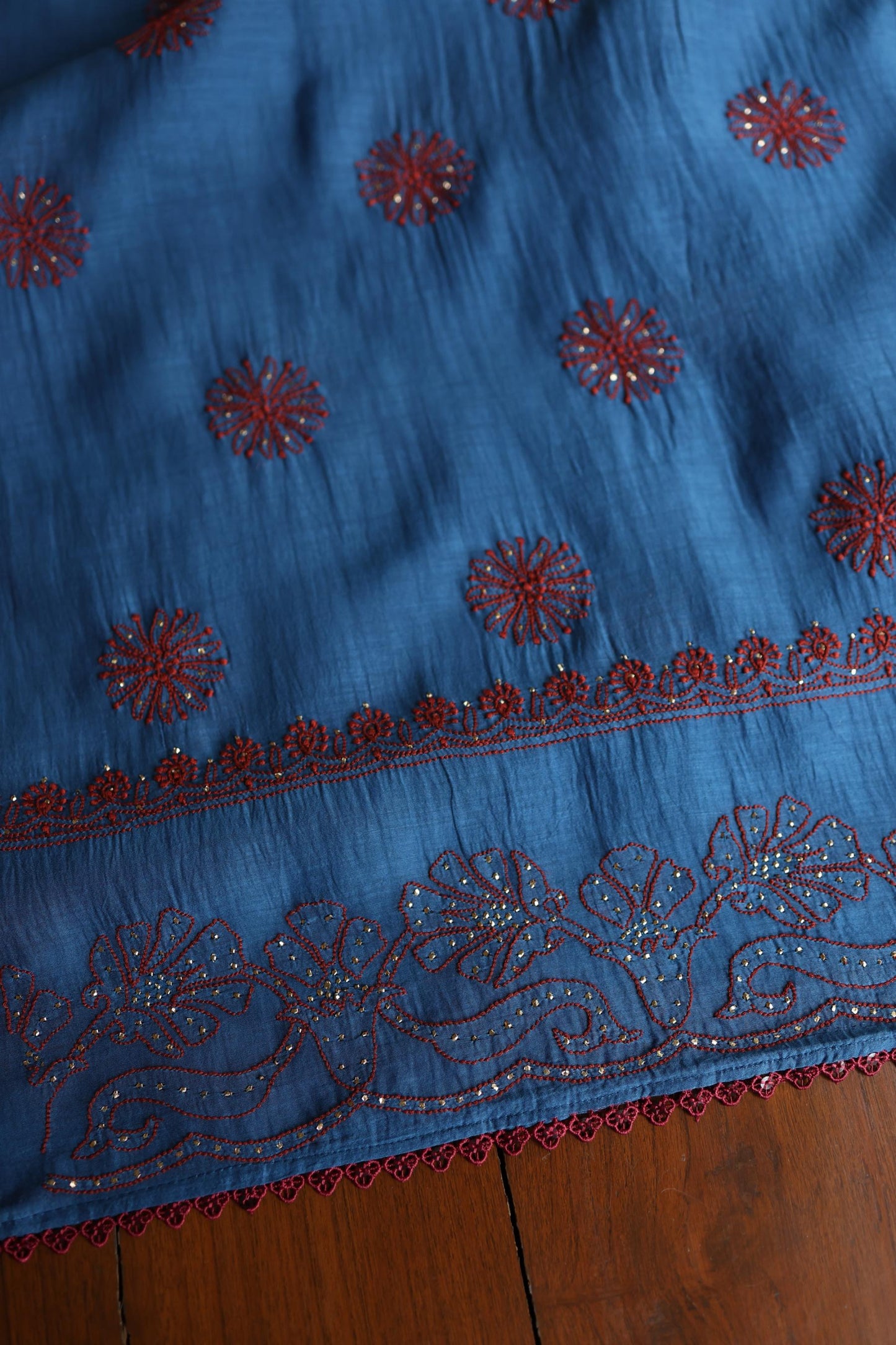 Muted Blue Shade Mal Cotton Fine Chikankari With Kamdani Work Unstitched Fabric