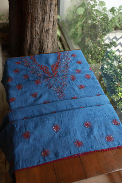 Muted Blue Shade Mal Cotton Fine Chikankari With Kamdani Work Unstitched Fabric