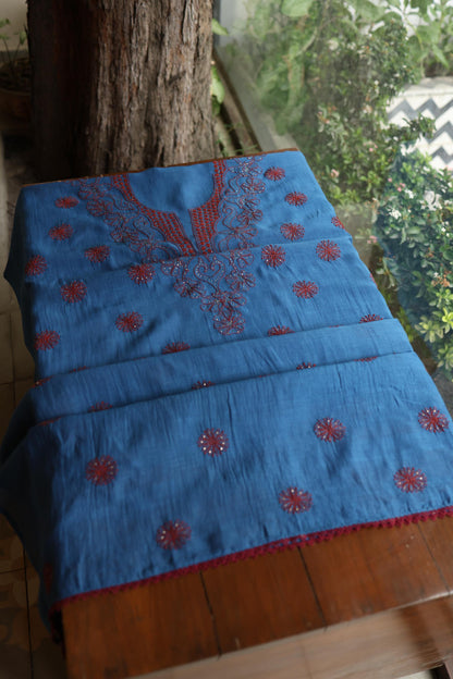 Muted Blue Shade Mal Cotton Fine Chikankari With Kamdani Work Unstitched Fabric