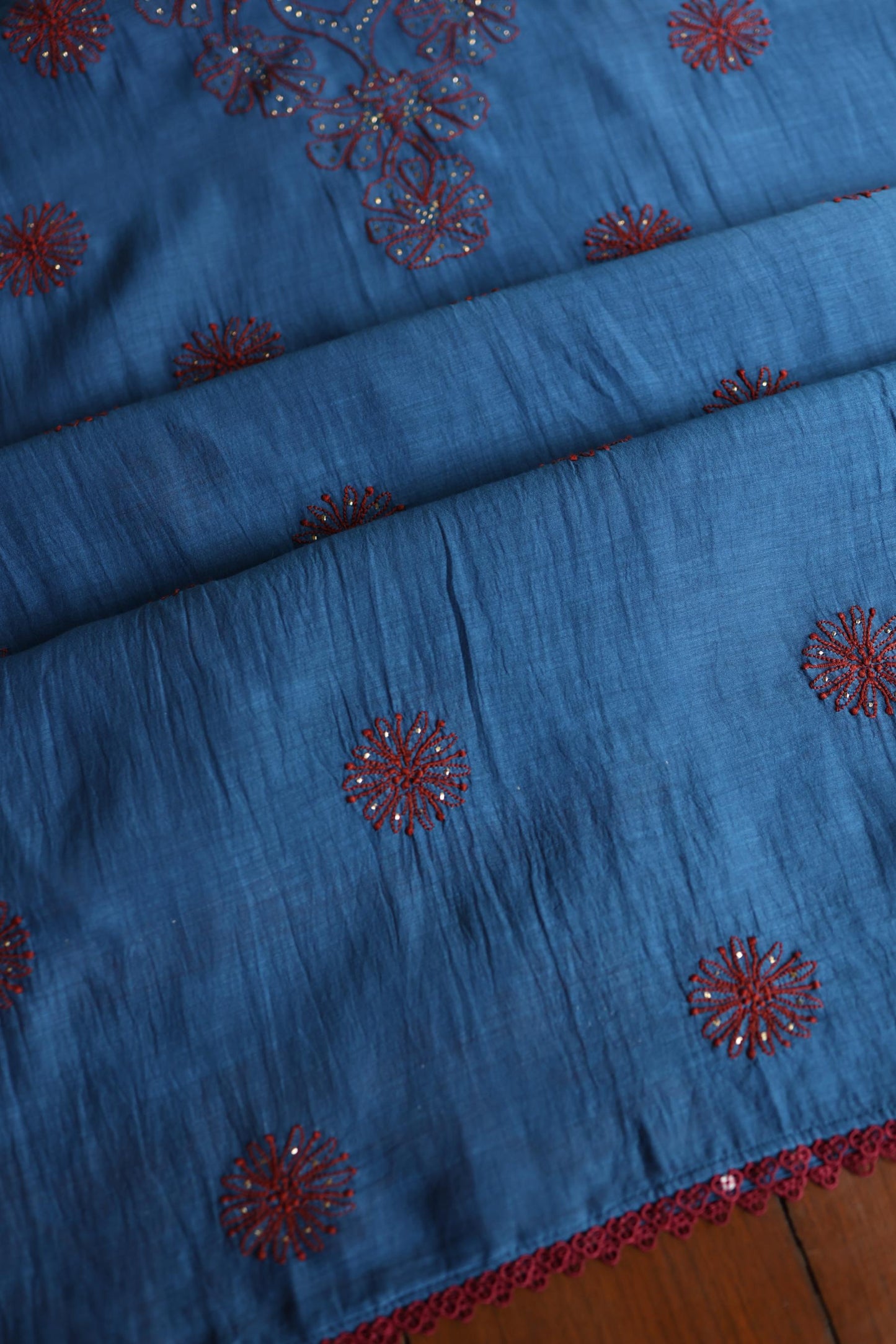 Muted Blue Shade Mal Cotton Fine Chikankari With Kamdani Work Unstitched Fabric