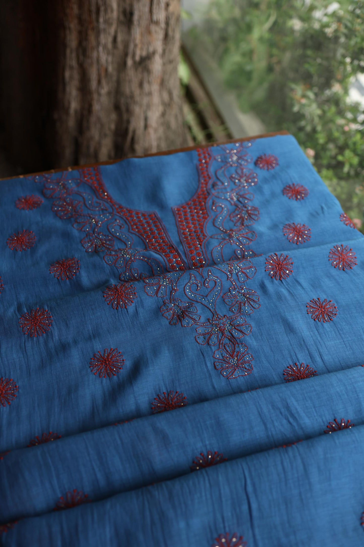 Muted Blue Shade Mal Cotton Fine Chikankari With Kamdani Work Unstitched Fabric