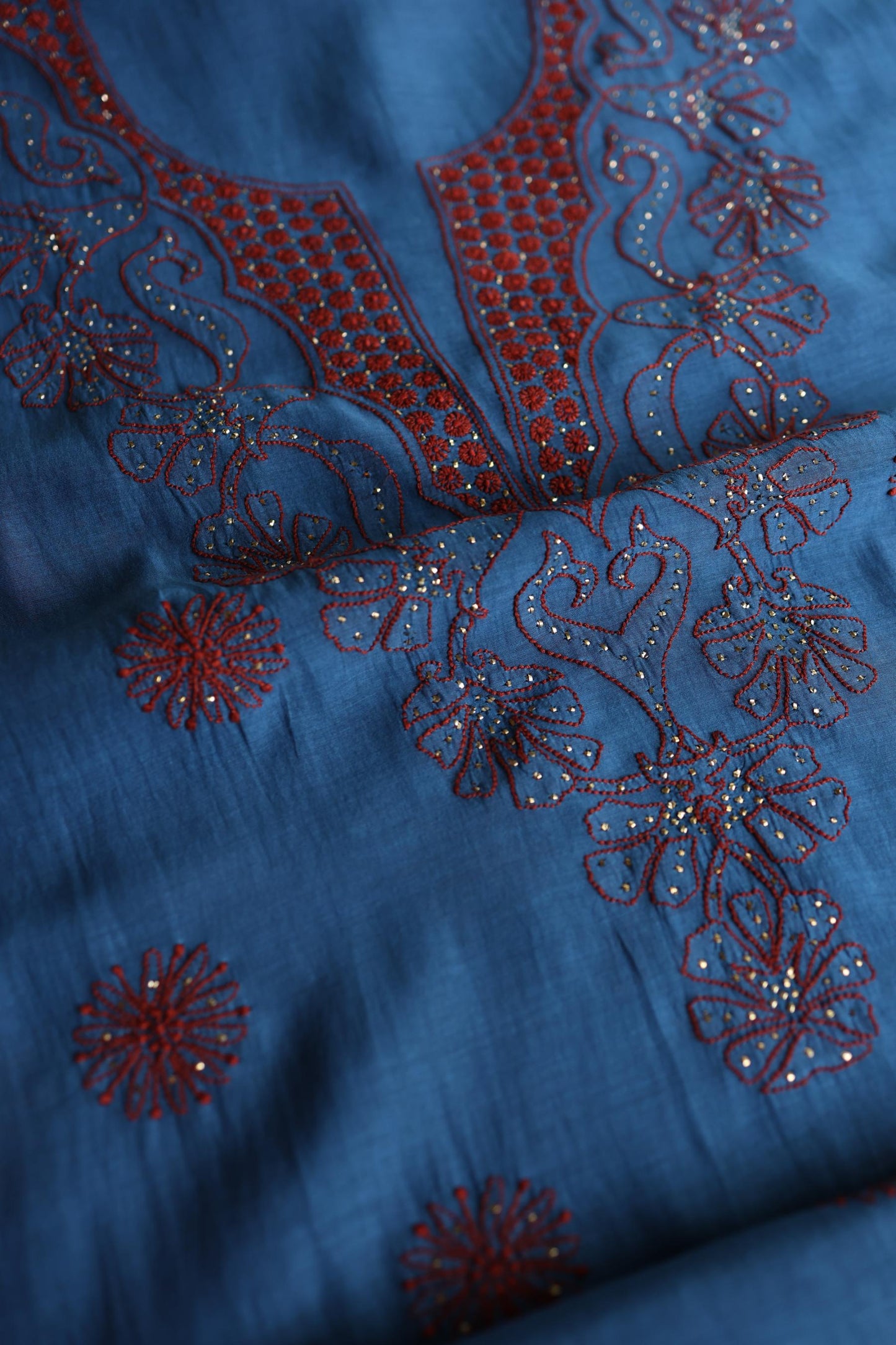 Muted Blue Shade Mal Cotton Fine Chikankari With Kamdani Work Unstitched Fabric