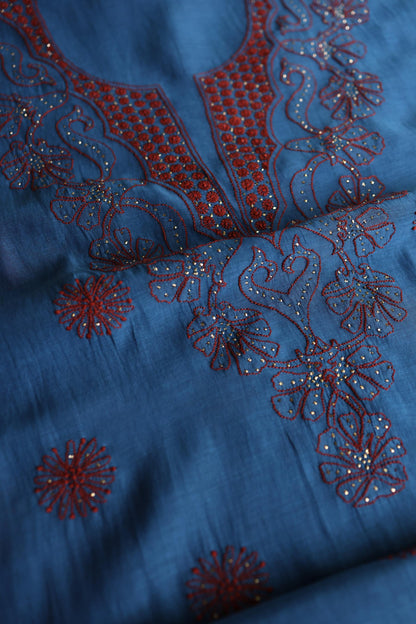Muted Blue Shade Mal Cotton Fine Chikankari With Kamdani Work Unstitched Fabric