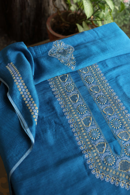 Muted Blue Shade Moonga Silk Chikankari Unisex Kurta Fabric