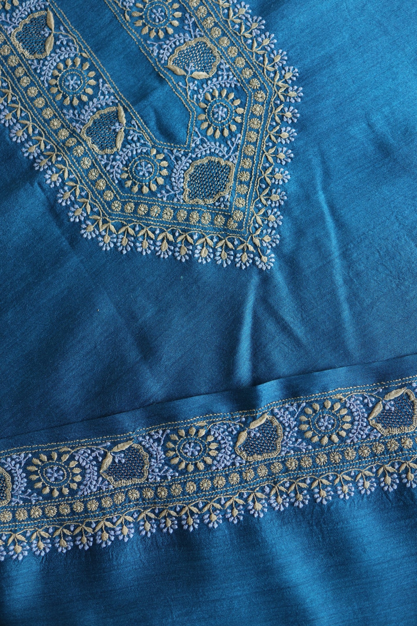 Muted Blue Shade Moonga Silk Chikankari Unisex Kurta Fabric