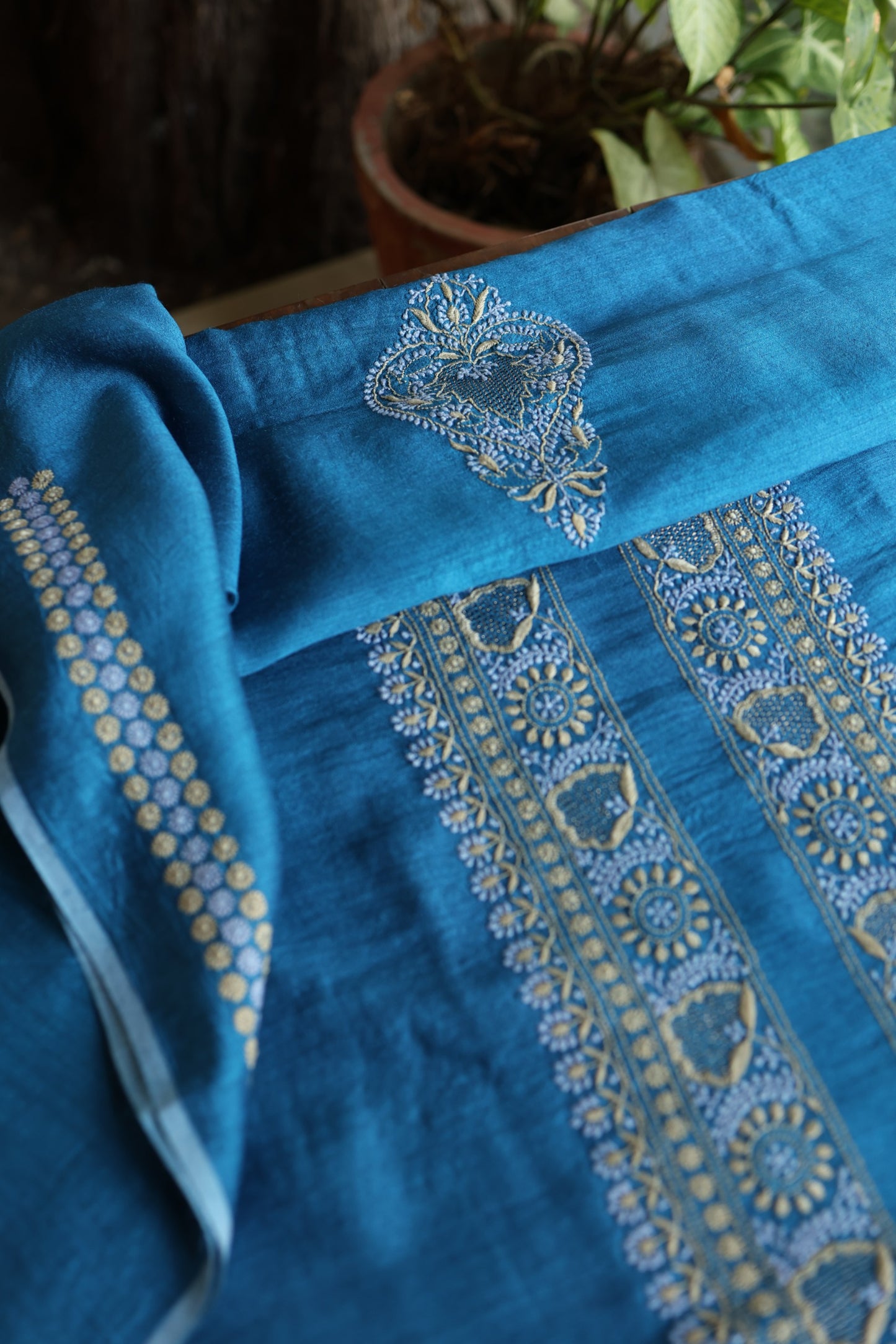 Muted Blue Shade Moonga Silk Chikankari Unisex Kurta Fabric