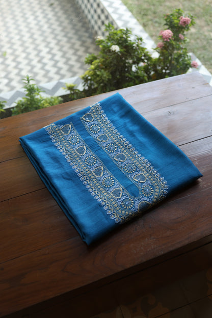 Muted Blue Shade Moonga Silk Chikankari Unisex Kurta Fabric