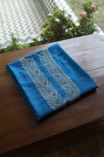 Muted Blue Shade Moonga Silk Chikankari Unisex Kurta Fabric