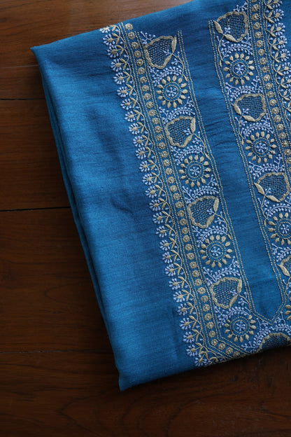 Muted Blue Shade Moonga Silk Chikankari Unisex Kurta Fabric
