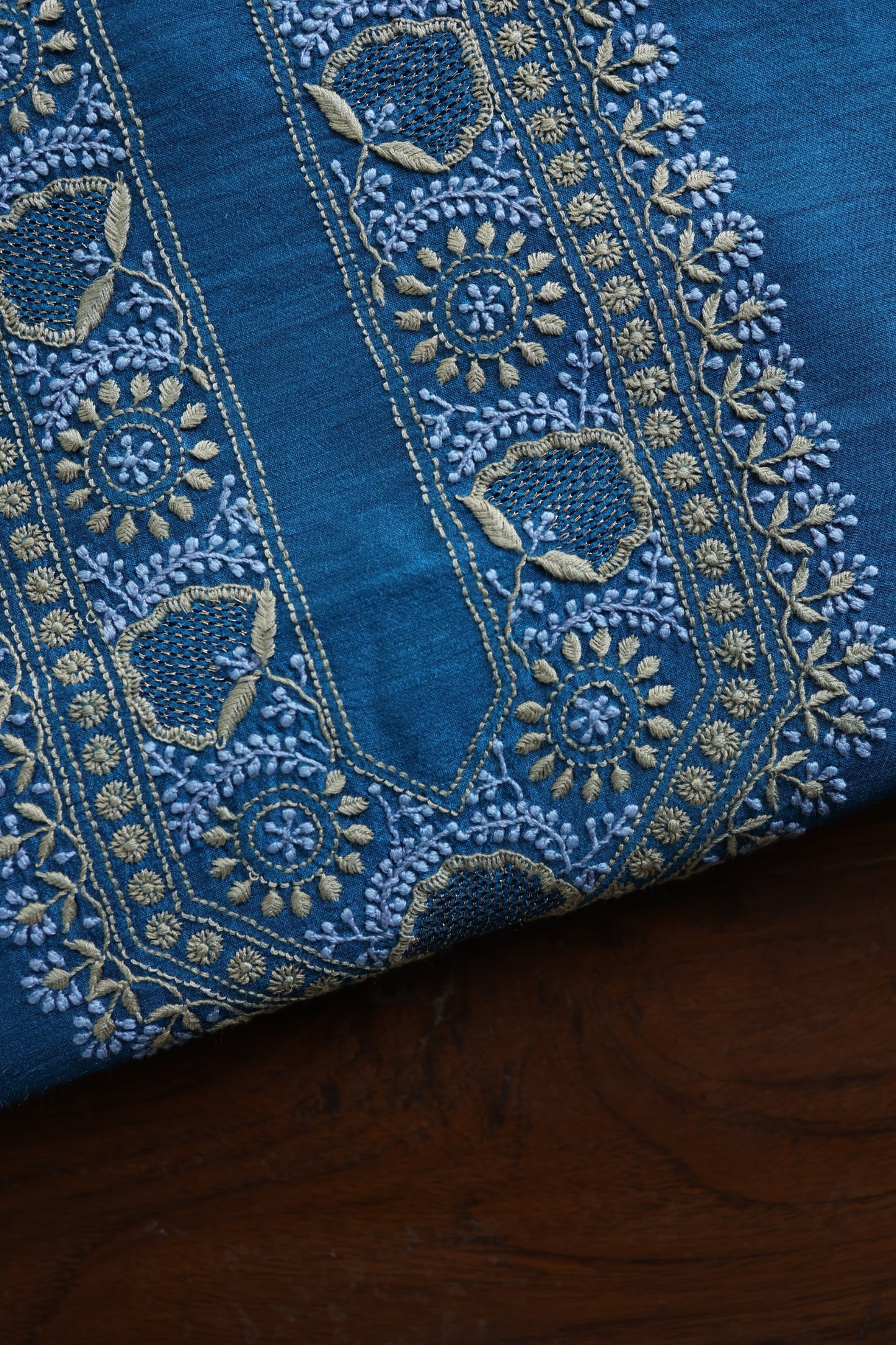 Muted Blue Shade Moonga Silk Chikankari Unisex Kurta Fabric