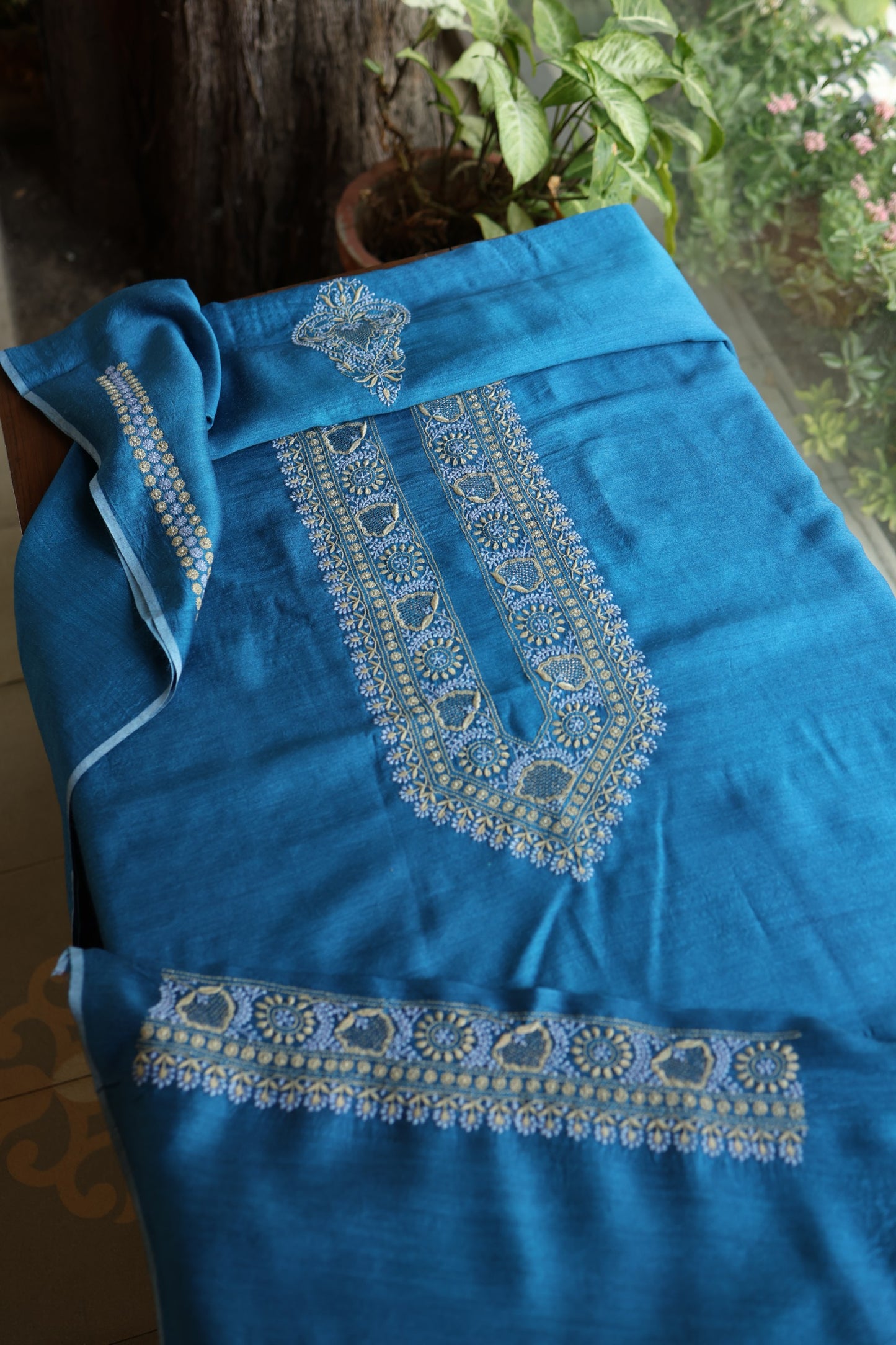 Muted Blue Shade Moonga Silk Chikankari Unisex Kurta Fabric