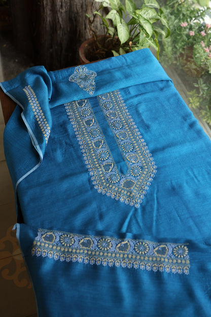Muted Blue Shade Moonga Silk Chikankari Unisex Kurta Fabric