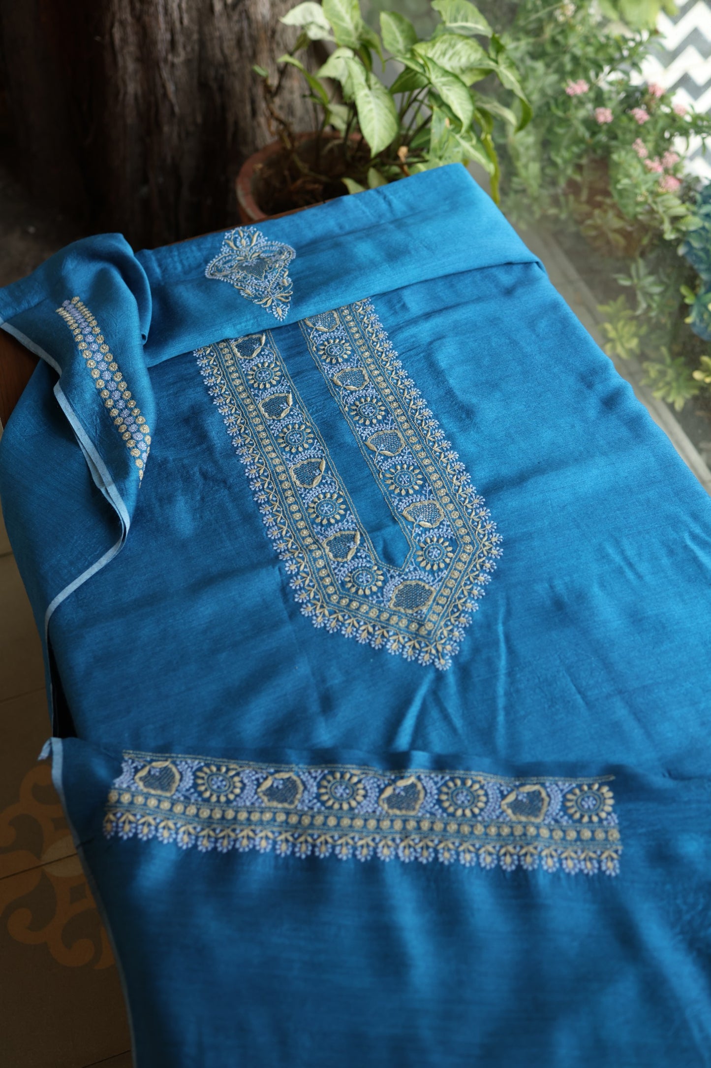 Muted Blue Shade Moonga Silk Chikankari Unisex Kurta Fabric