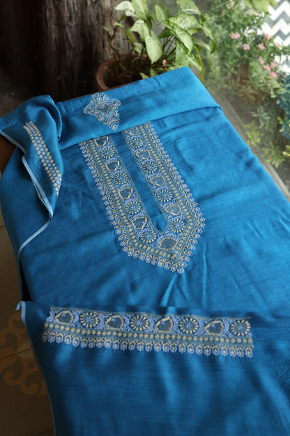 Muted Blue Shade Moonga Silk Chikankari Unisex Kurta Fabric