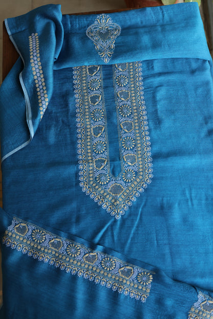 Muted Blue Shade Moonga Silk Chikankari Unisex Kurta Fabric