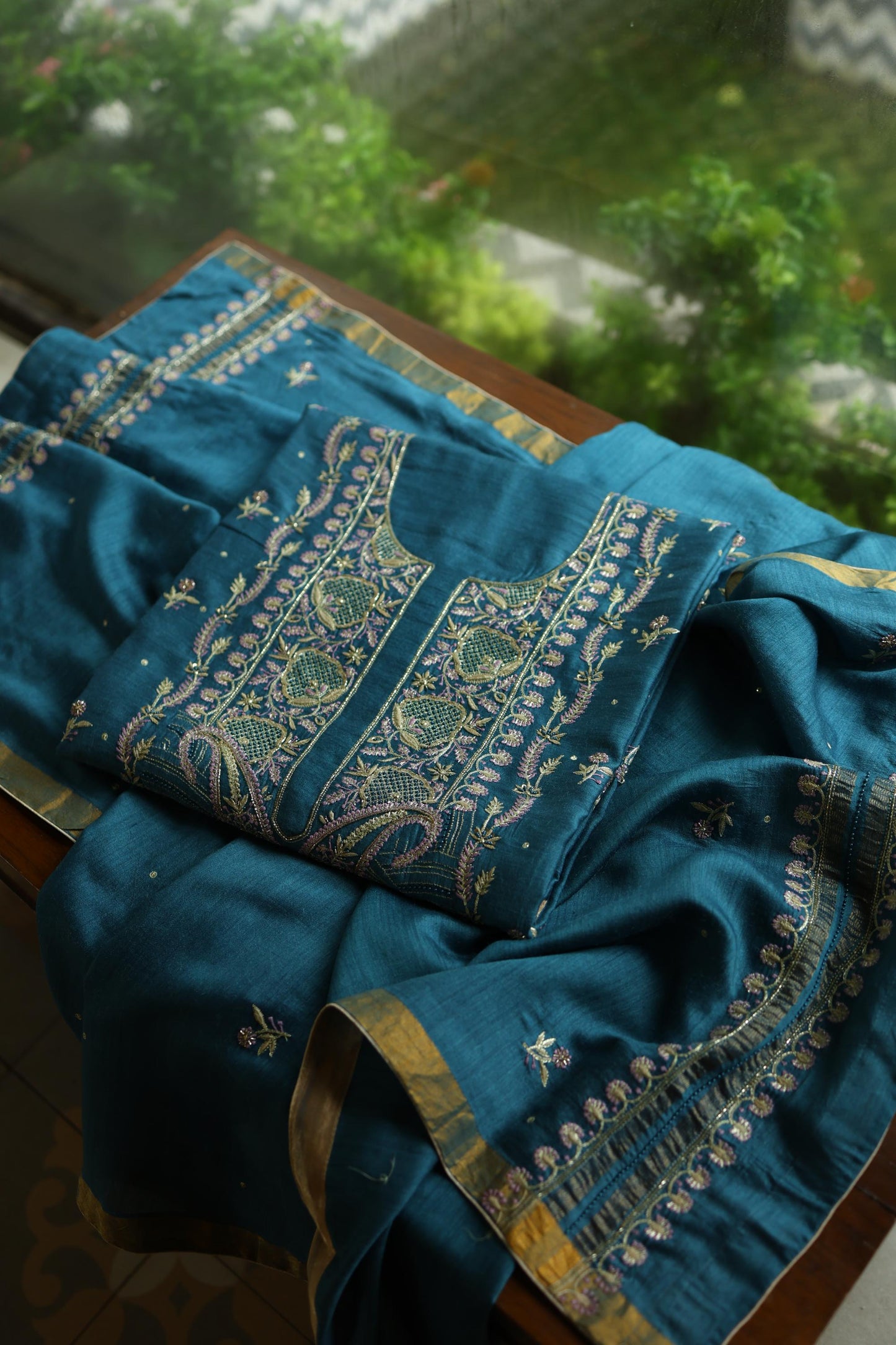 Muted Blue Shade Moonga Silk Chikankari Unstitched Fabric