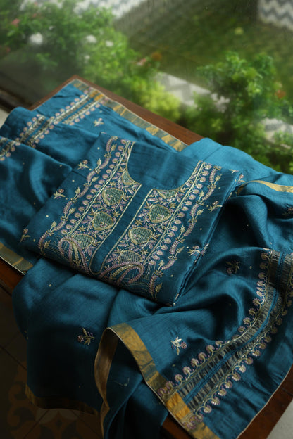 Muted Blue Shade Moonga Silk Chikankari Unstitched Fabric