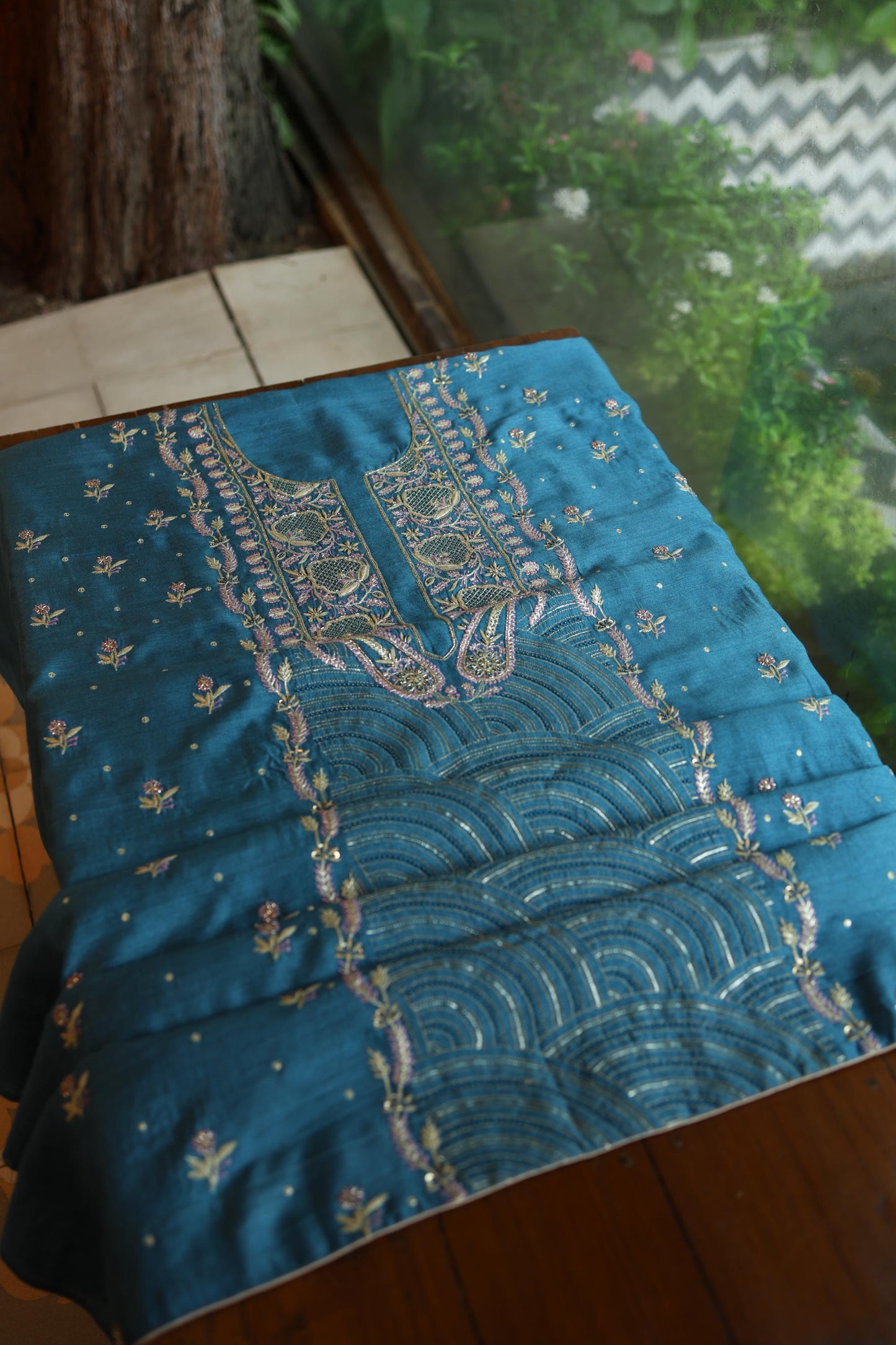 Muted Blue Shade Moonga Silk Chikankari Unstitched Fabric