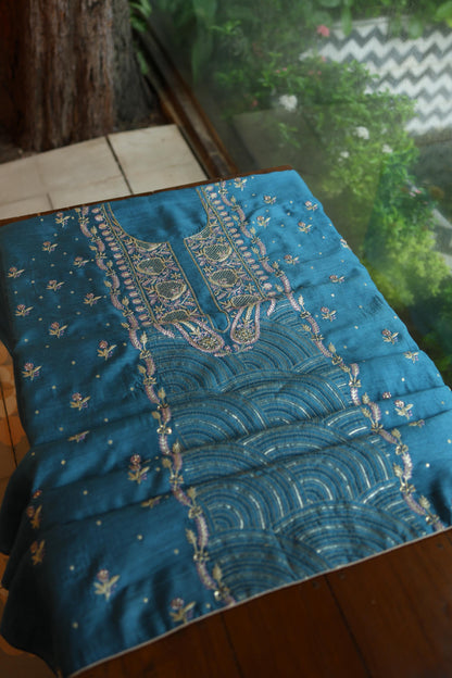 Muted Blue Shade Moonga Silk Chikankari Unstitched Fabric