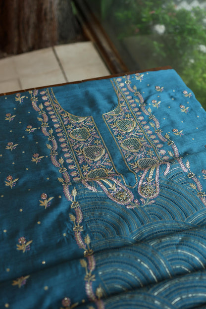 Muted Blue Shade Moonga Silk Chikankari Unstitched Fabric
