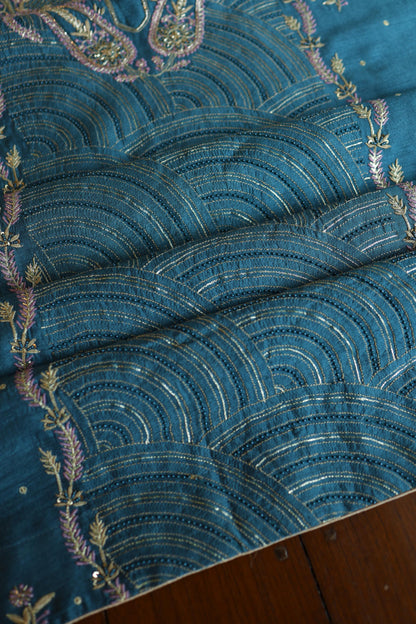Muted Blue Shade Moonga Silk Chikankari Unstitched Fabric