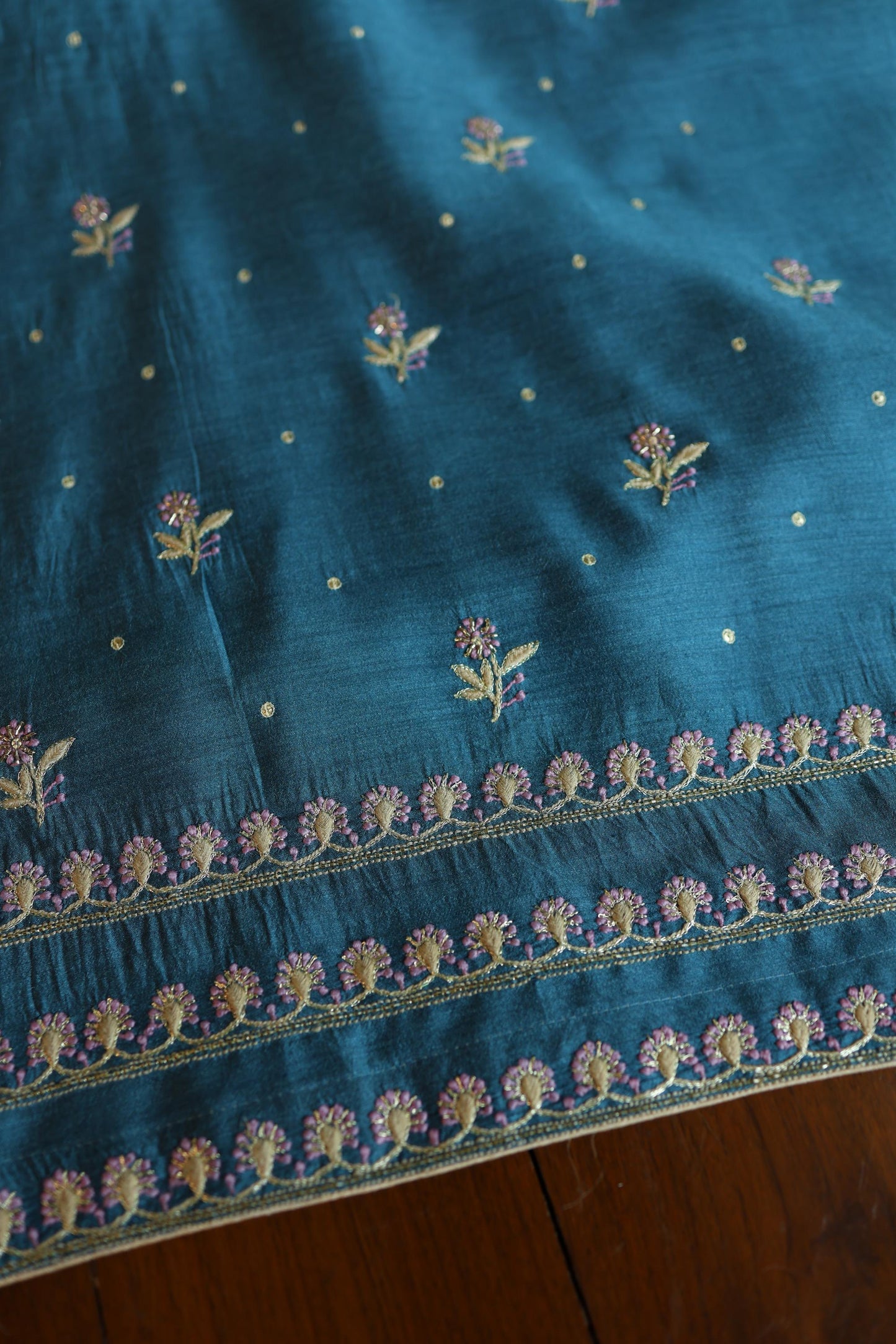 Muted Blue Shade Moonga Silk Chikankari Unstitched Fabric