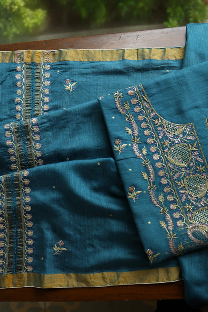 Muted Blue Shade Moonga Silk Chikankari Unstitched Fabric