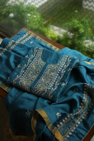 Muted Blue Shade Moonga Silk Chikankari Unstitched Fabric