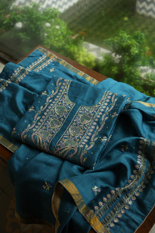 Muted Blue Shade Moonga Silk Chikankari Unstitched Fabric