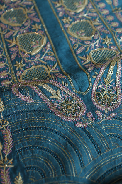 Muted Blue Shade Moonga Silk Chikankari Unstitched Fabric