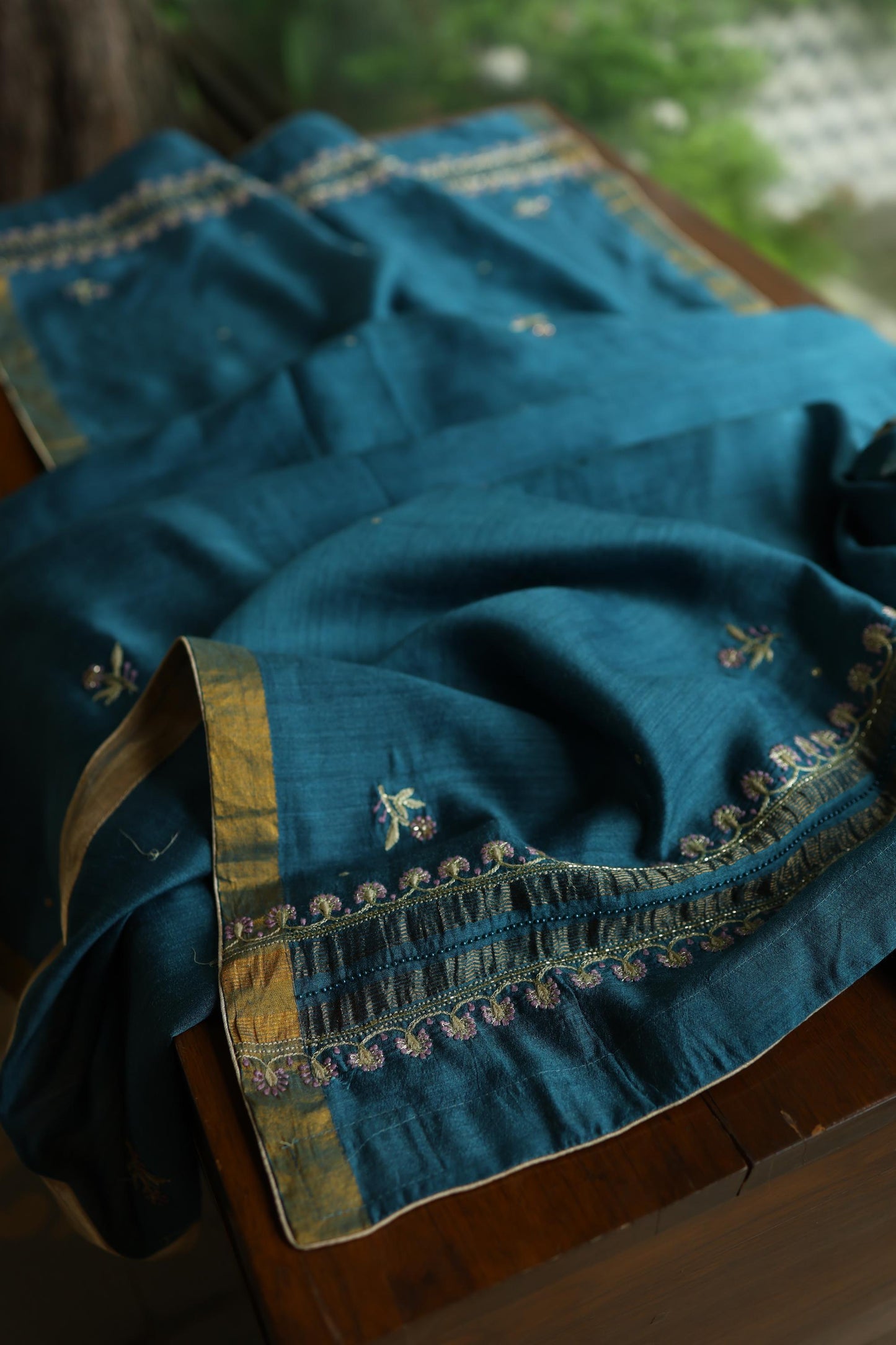 Muted Blue Shade Moonga Silk Chikankari Unstitched Fabric