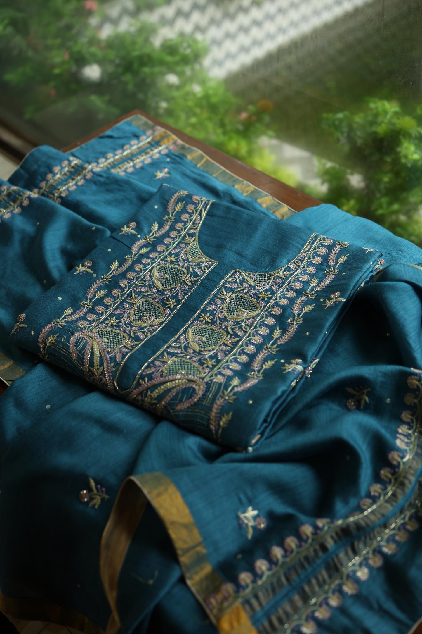 Muted Blue Shade Moonga Silk Chikankari Unstitched Fabric
