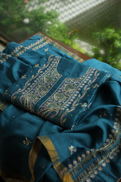 Muted Blue Shade Moonga Silk Chikankari Unstitched Fabric