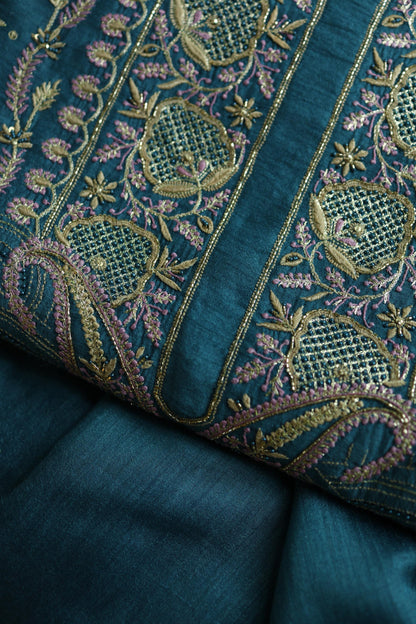 Muted Blue Shade Moonga Silk Chikankari Unstitched Fabric
