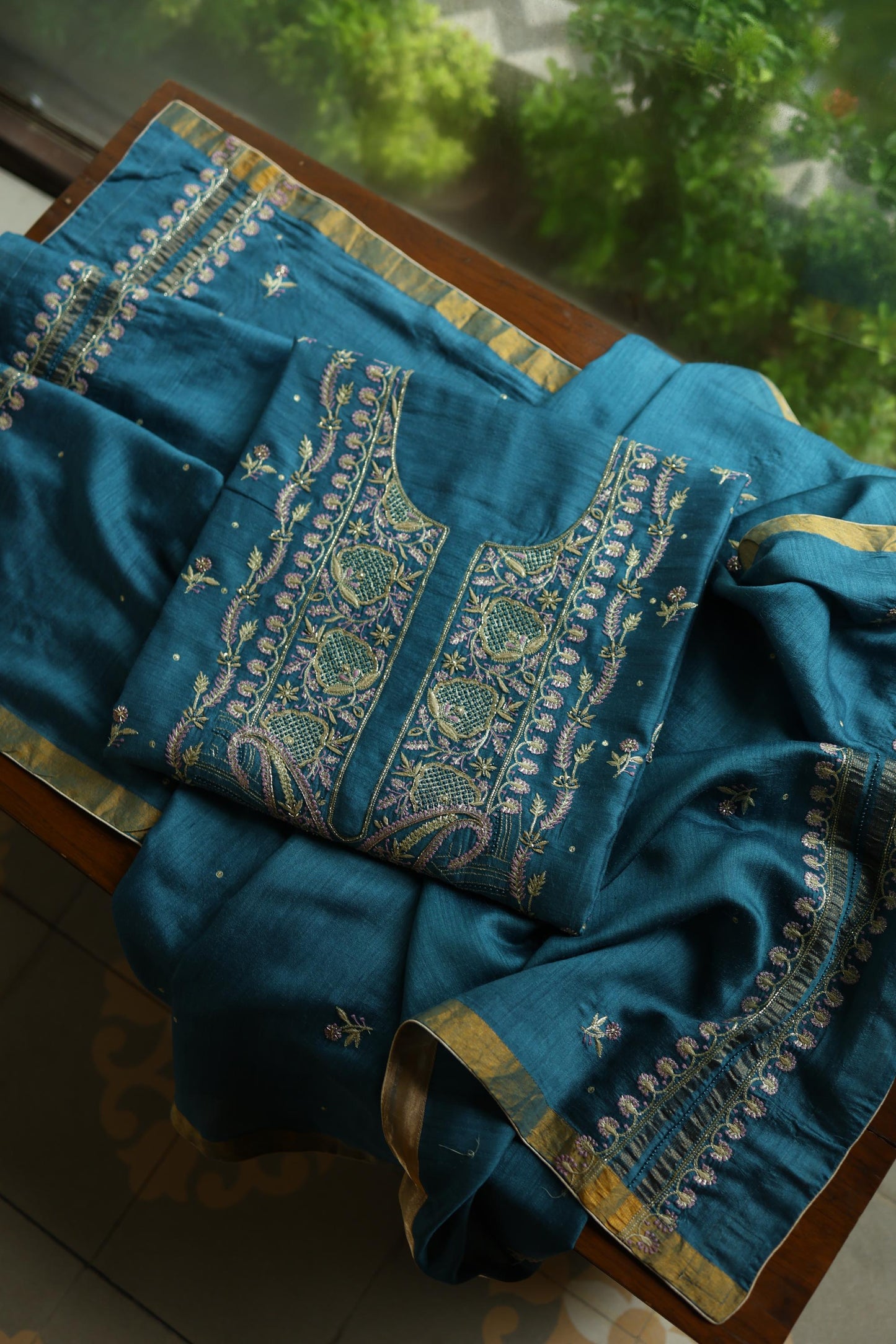 Muted Blue Shade Moonga Silk Chikankari Unstitched Fabric