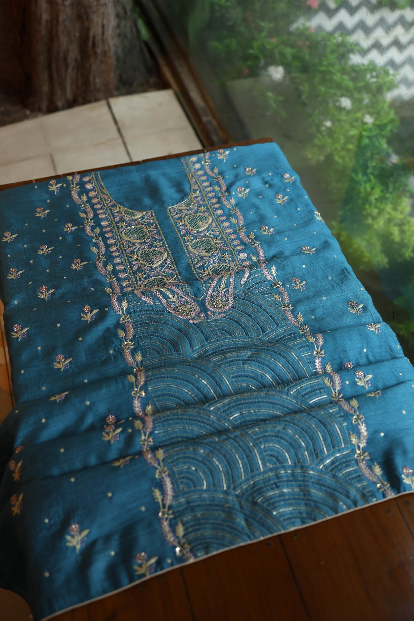 Muted Blue Shade Moonga Silk Chikankari Unstitched Fabric
